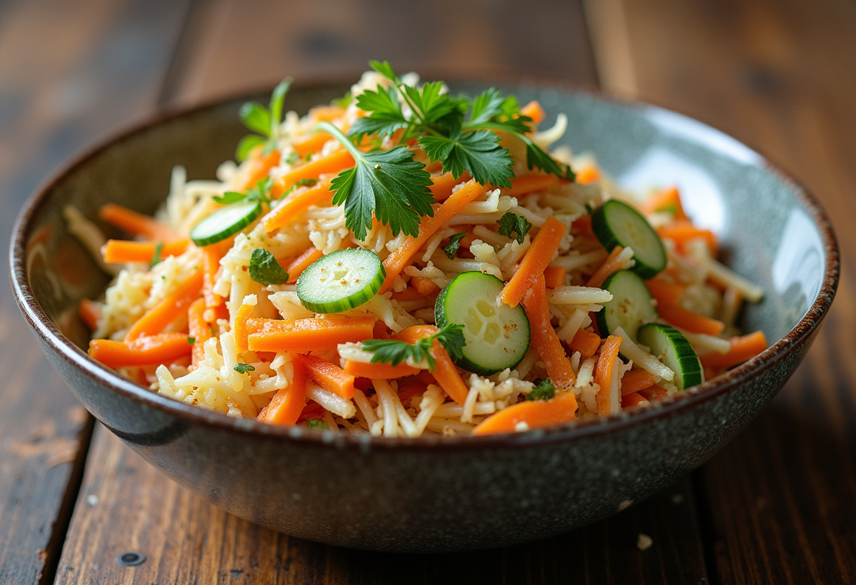Bunter Krautsalat mit Karotten und Gurken, garniert mit frischen Kräutern, serviert auf einem rustikalen Tisch.