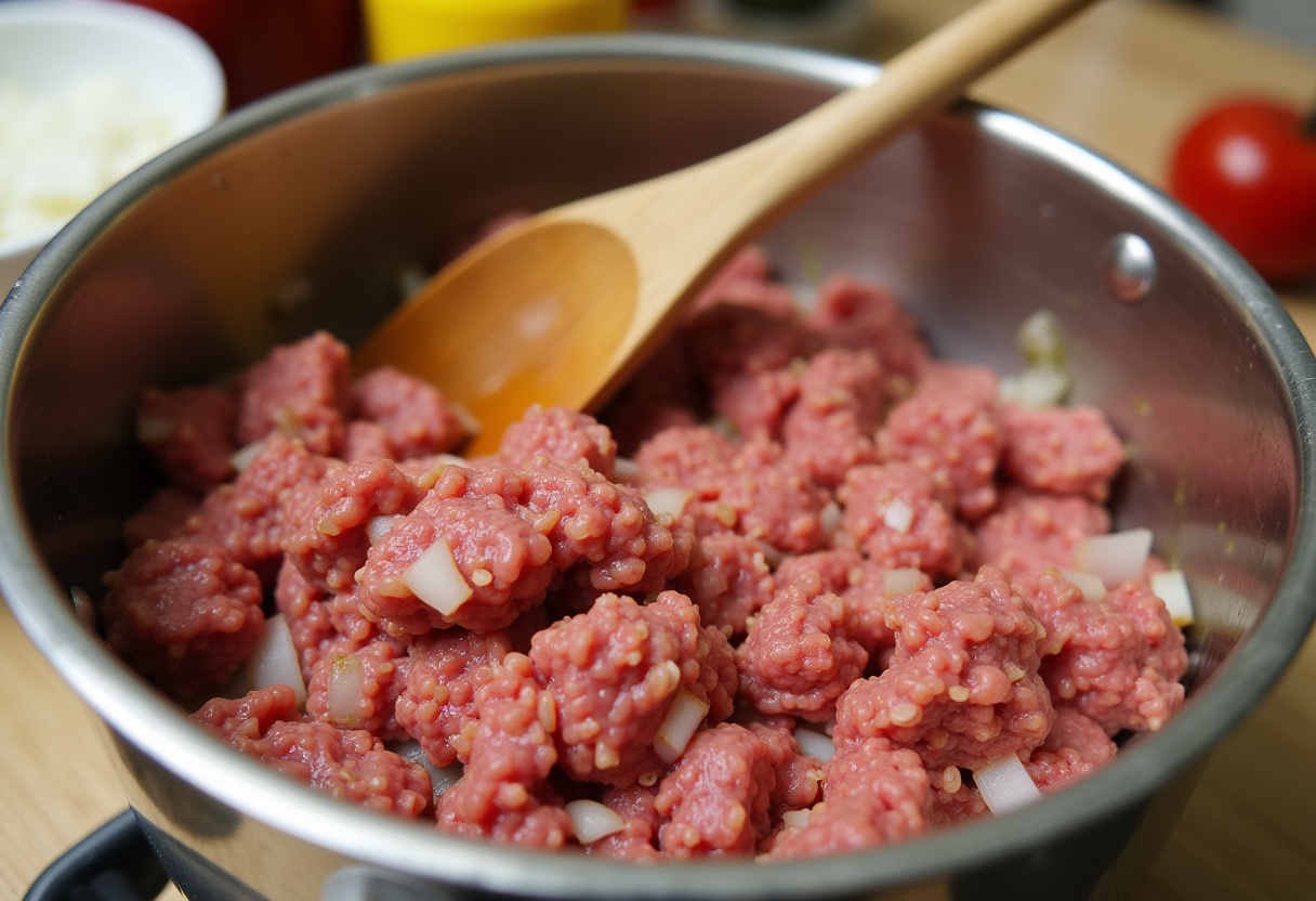 Mischen von Hackfleisch und Zwiebeln mit Ketchup und Senf für Cheeseburger-Auflauf