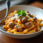 Fertige Cheeseburger-Pasta mit geschmolzenem Käse und Petersilie, servierfertig auf dem Tisch.