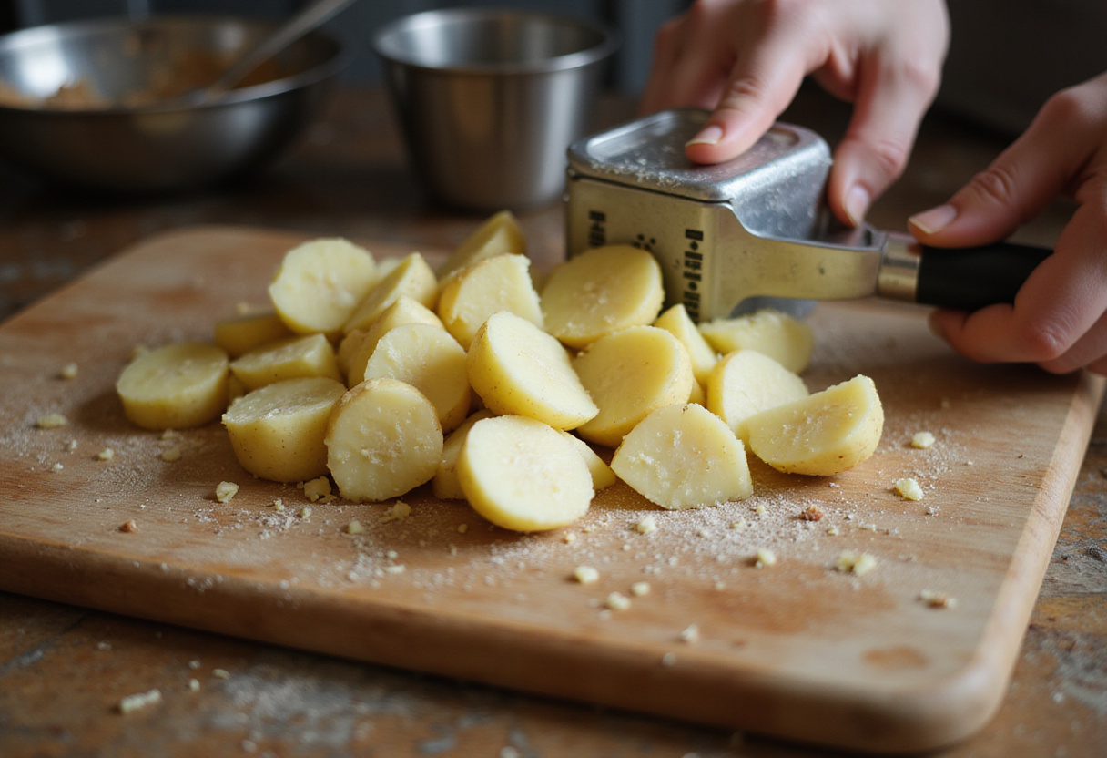 Gekochte Kartoffeln werden für das beste Schupfnudel Rezept zerdrückt.