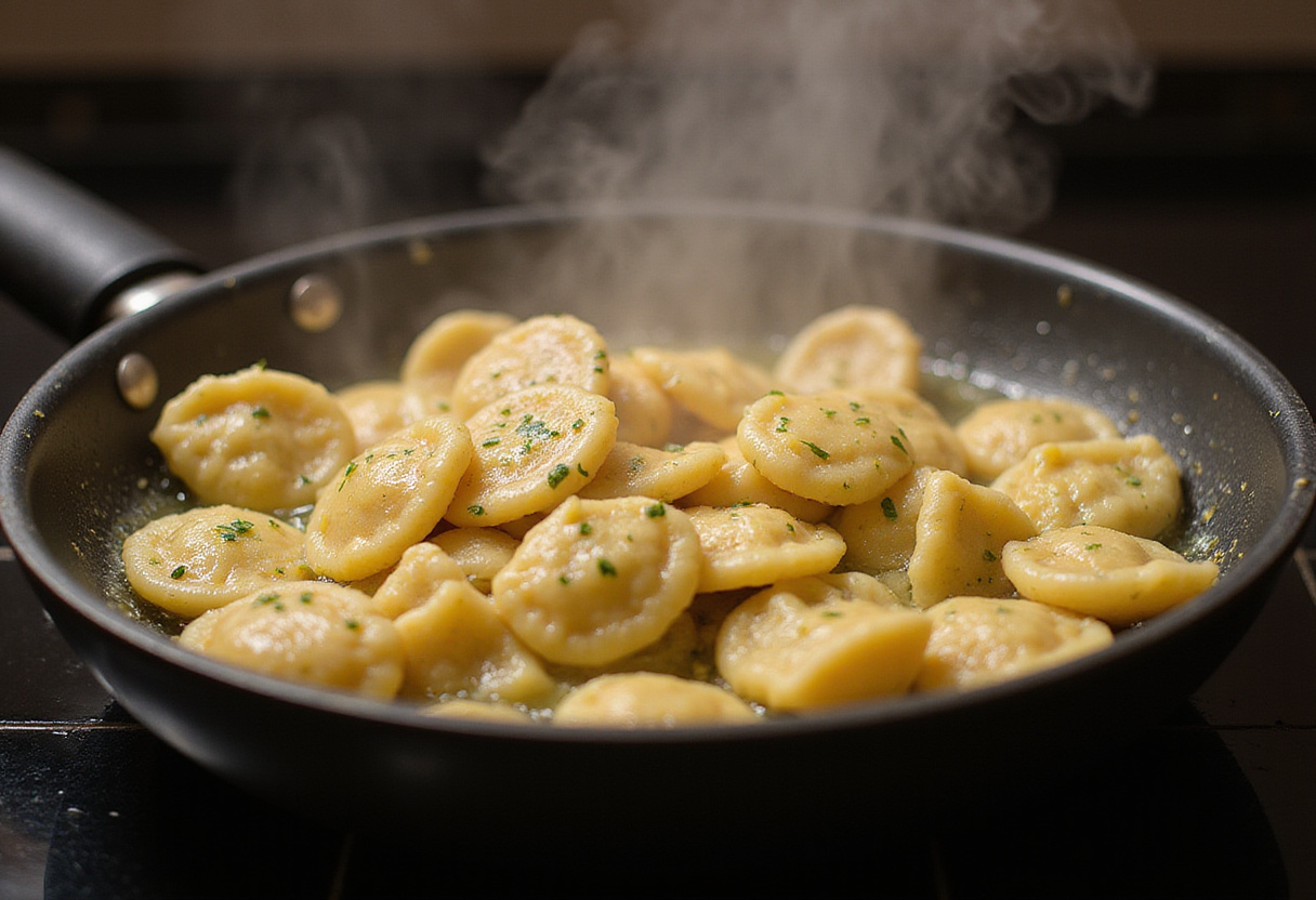 Schupfnudeln werden in Butter goldbraun gebraten.
