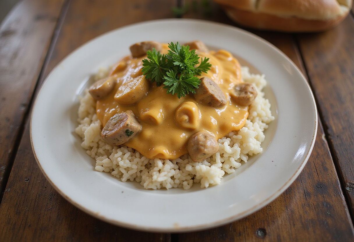 Servierfertiges, leckeres Hähnchen Geschnetzeltes mit Reis und Petersilie für ein schnelles Mittagessen.