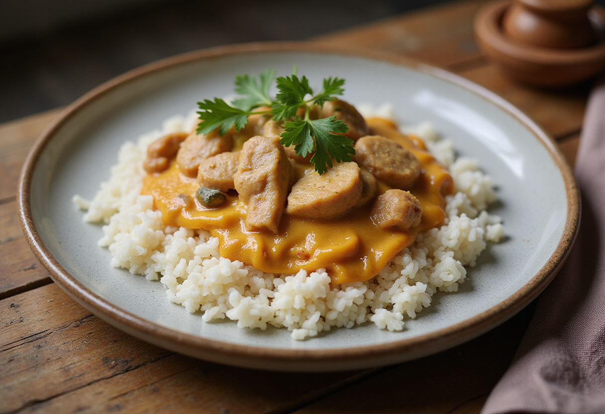 Servierfertiges, leckeres Hähnchen Geschnetzeltes mit Reis und Petersilie für ein schnelles Mittagessen.