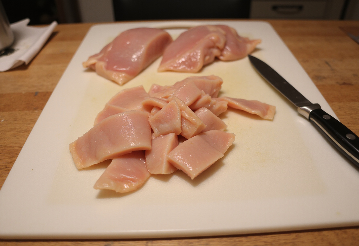 Hähnchenbrust in Streifen schneiden für einfaches Hähnchen Geschnetzeltes.