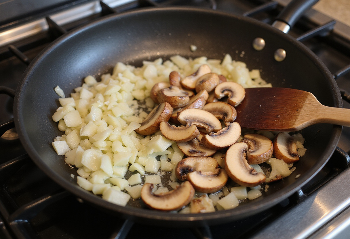 Zwiebeln und Champignons in Butter anbraten für Hähnchen Geschnetzeltes.