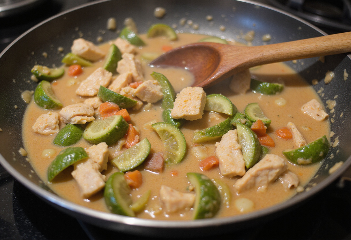 Hähnchenstreifen und Gemüse mit Sahnesauce vermischen für leckeres Hähnchen Geschnetzeltes.