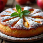 Fertiger Französischer Apfelkuchen mit Puderzucker und Minzblatt garniert.
