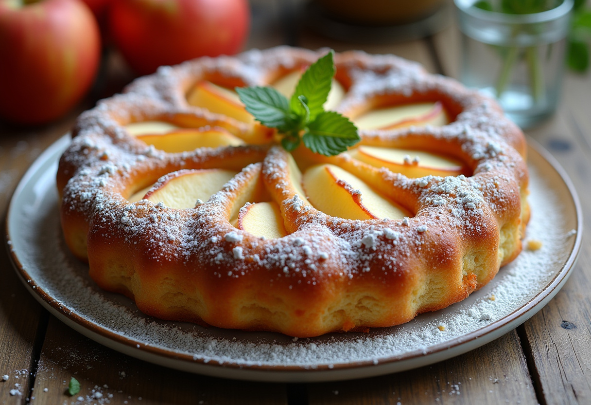 Fertiger Französischer Apfelkuchen mit Puderzucker und Minzblatt garniert.