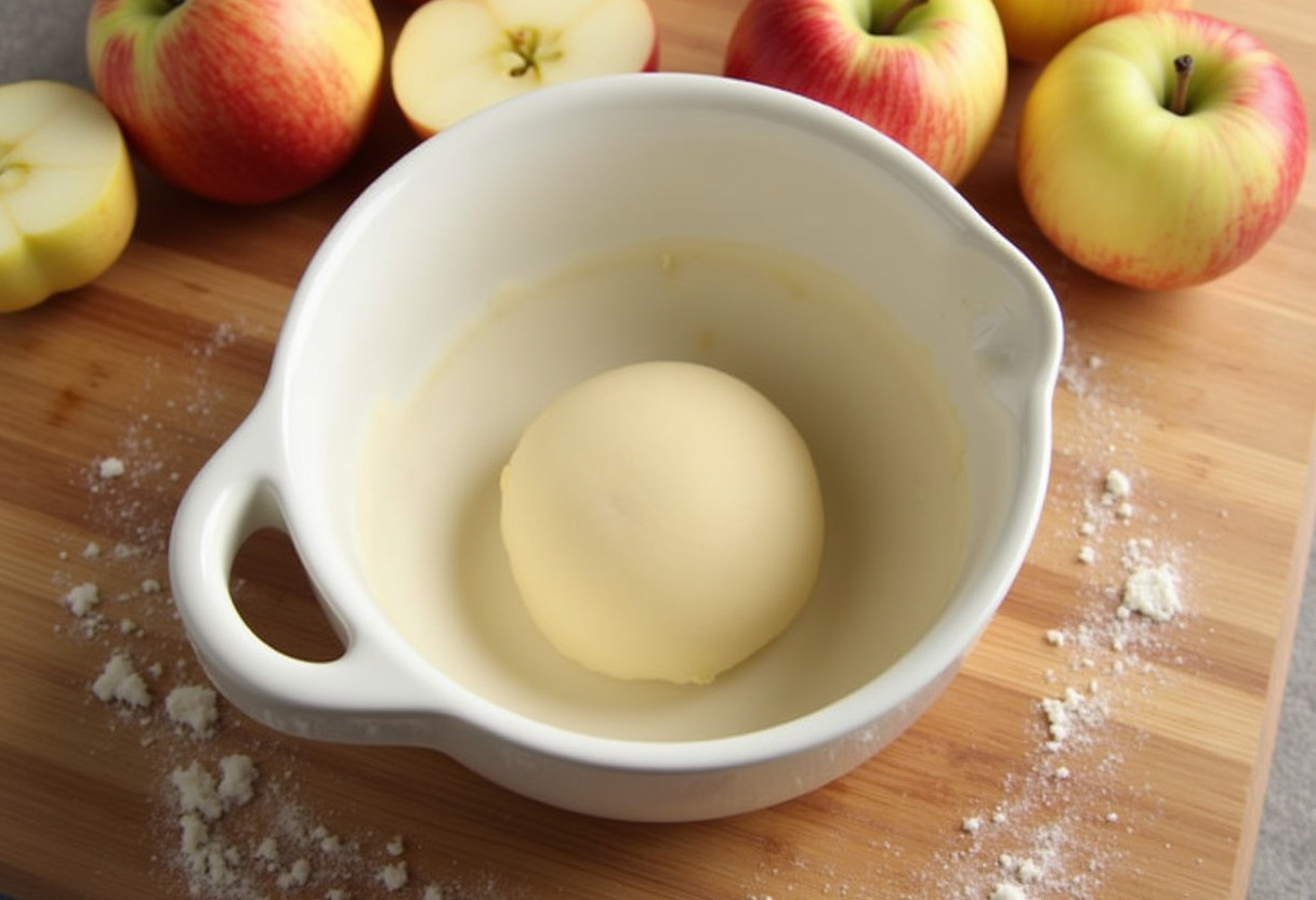 Teig für Französischen Apfelkuchen und geschnittene Äpfel bereit zum Backen.