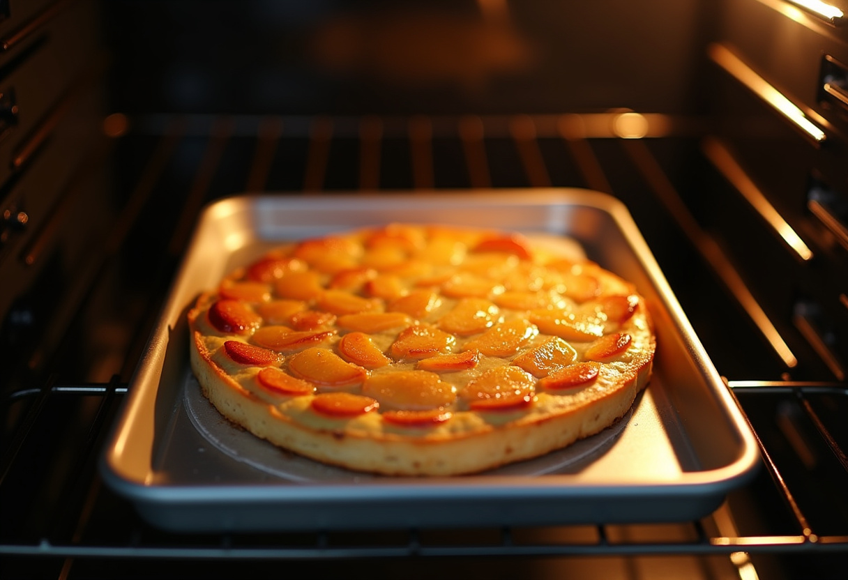 Französischer Apfelkuchen wird in den vorgeheizten Ofen geschoben.