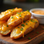 Gebackene Kartoffelsticks mit geschmolzenem Käse, serviert auf einem rustikalen Holzbrett mit Dip.