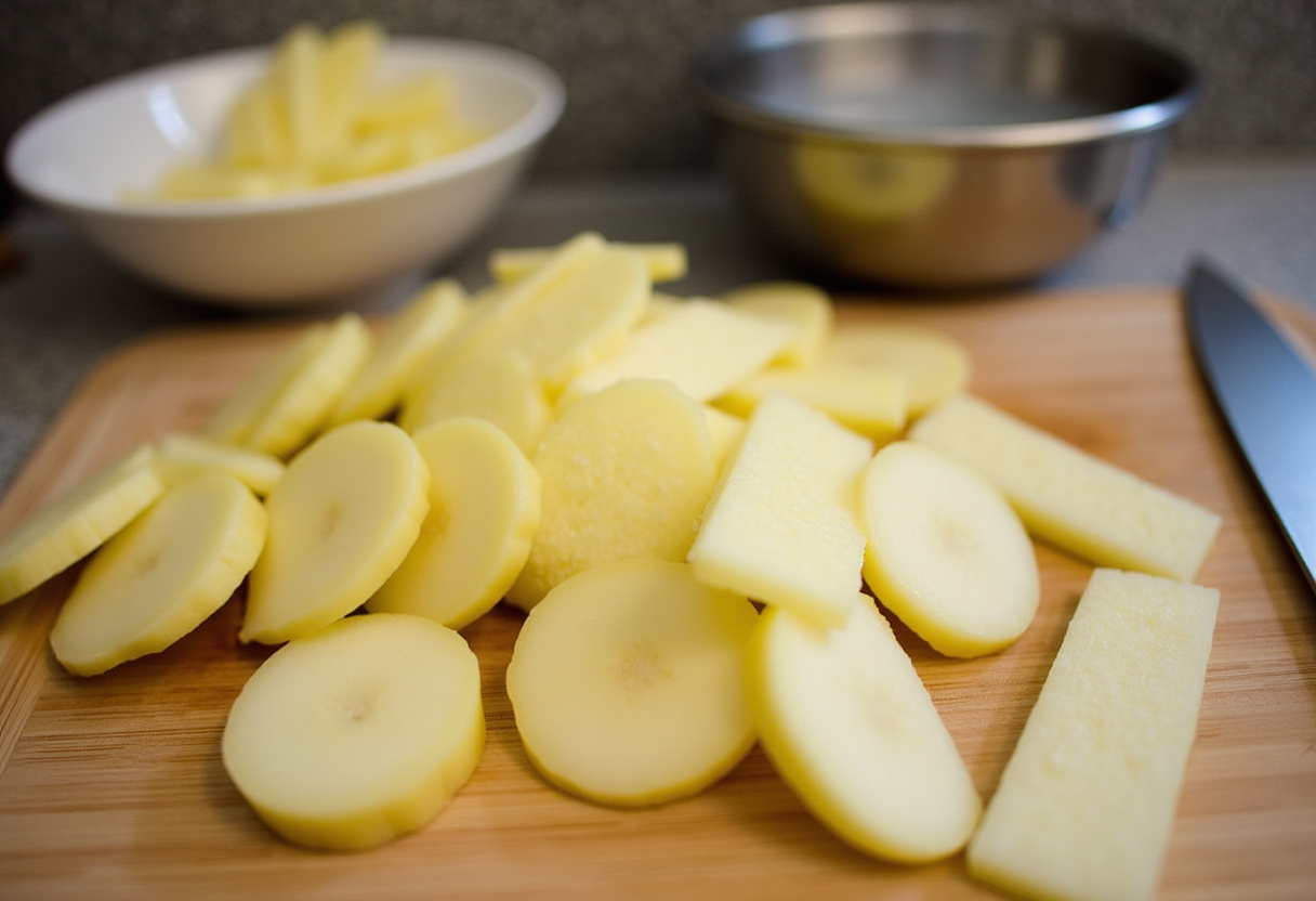 Kartoffeln werden in dünne Sticks geschnitten für gebackene Kartoffelsticks mit Käse.