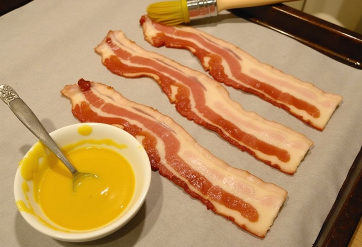 Dijon-Senf in einer Schüssel mit Pinsel für das Bestreichen des Bacons.