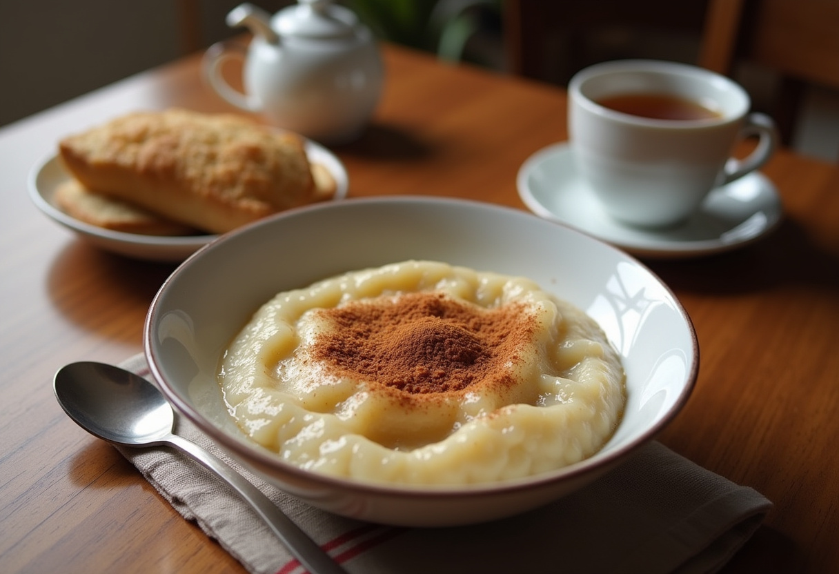 Fertig zubereiteter Griessbrei mit Zimt und Zucker, serviert als köstliches Dessert.