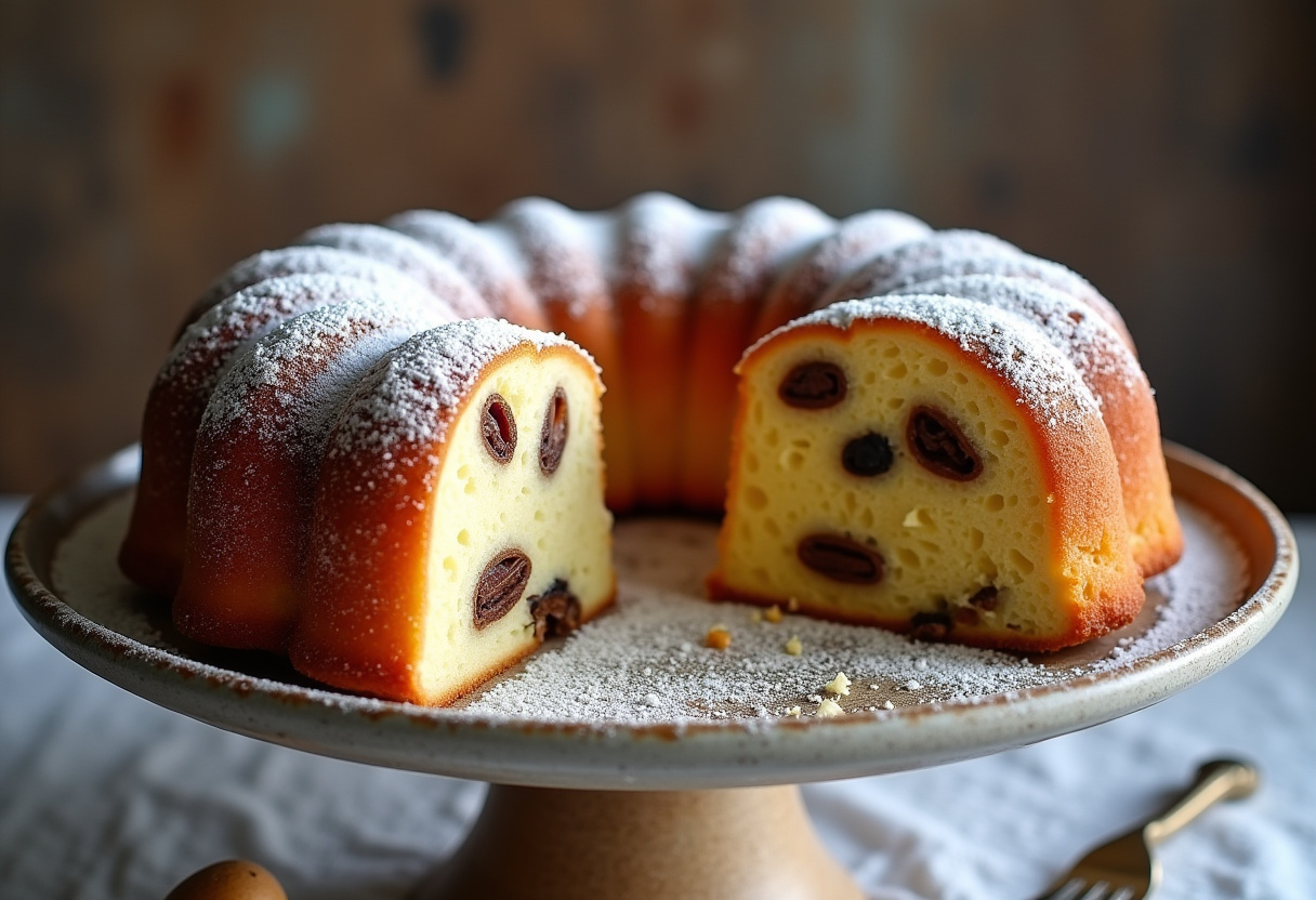 Fertiger Gugelhupf mit Rosinen, mit Puderzucker bestäubt und servierfertig auf einem Kuchenständer.