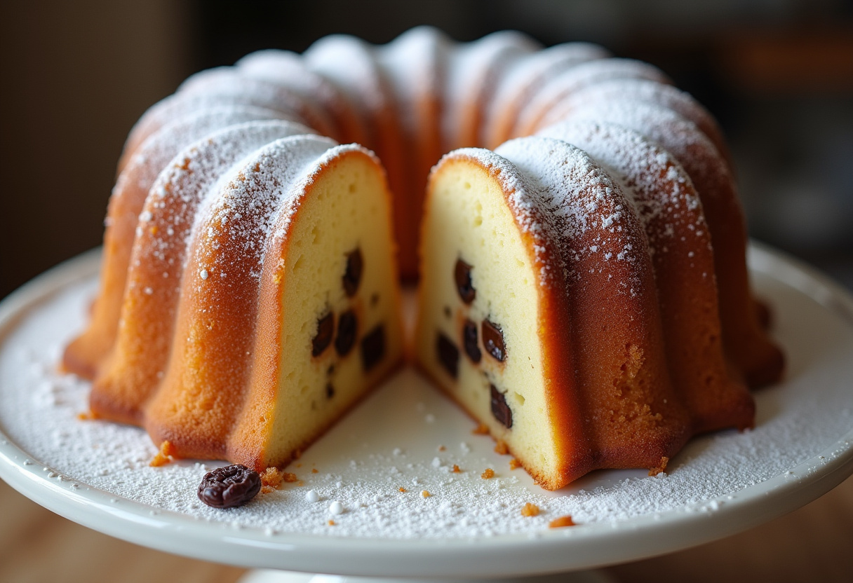 Fertiger Gugelhupf mit Rosinen, mit Puderzucker bestäubt und servierfertig auf einem Kuchenständer.