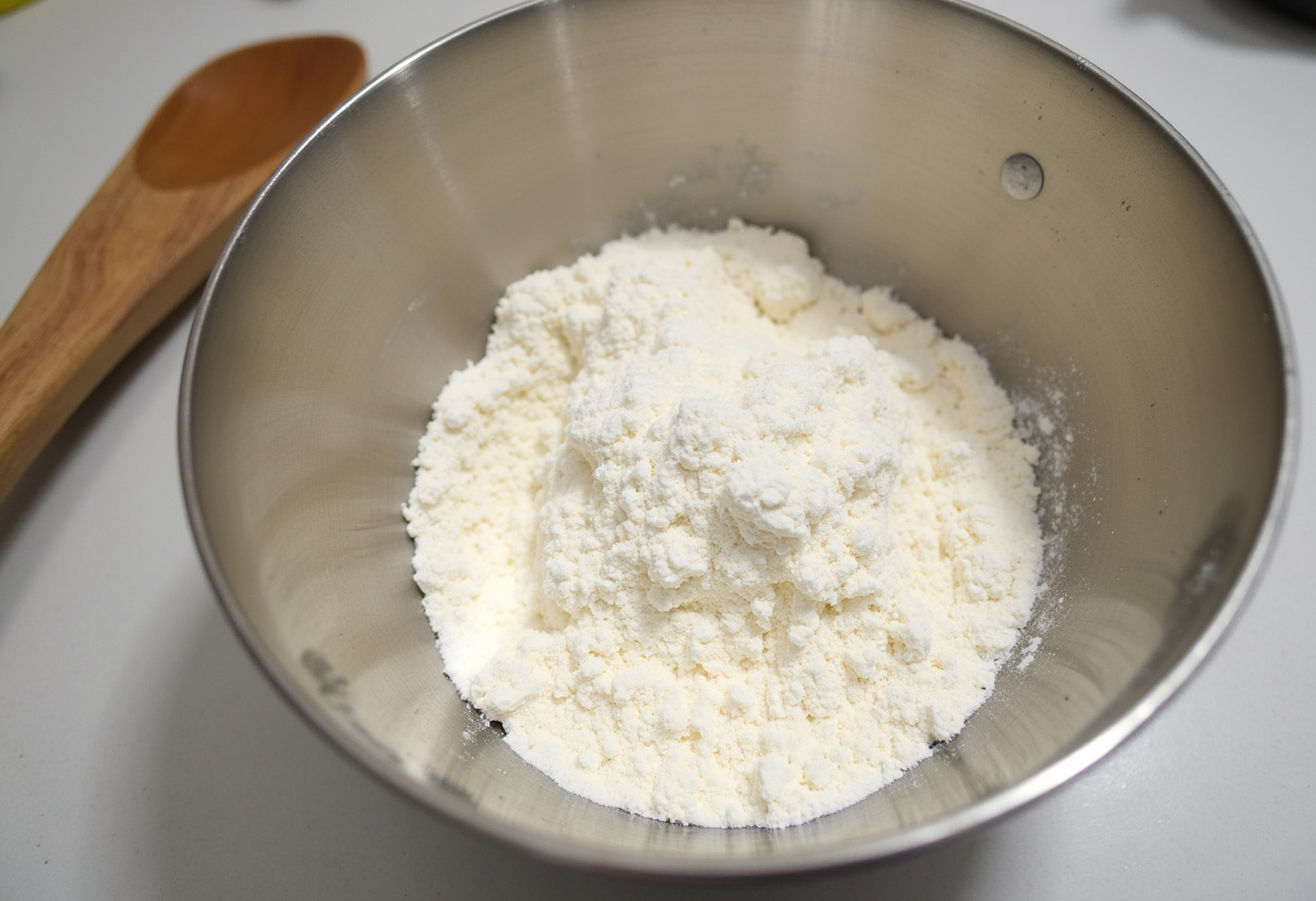 Zutaten für Gugelhupf mit Rosinen: Mehl, Zucker und Backpulver in einer Schüssel vermischt.