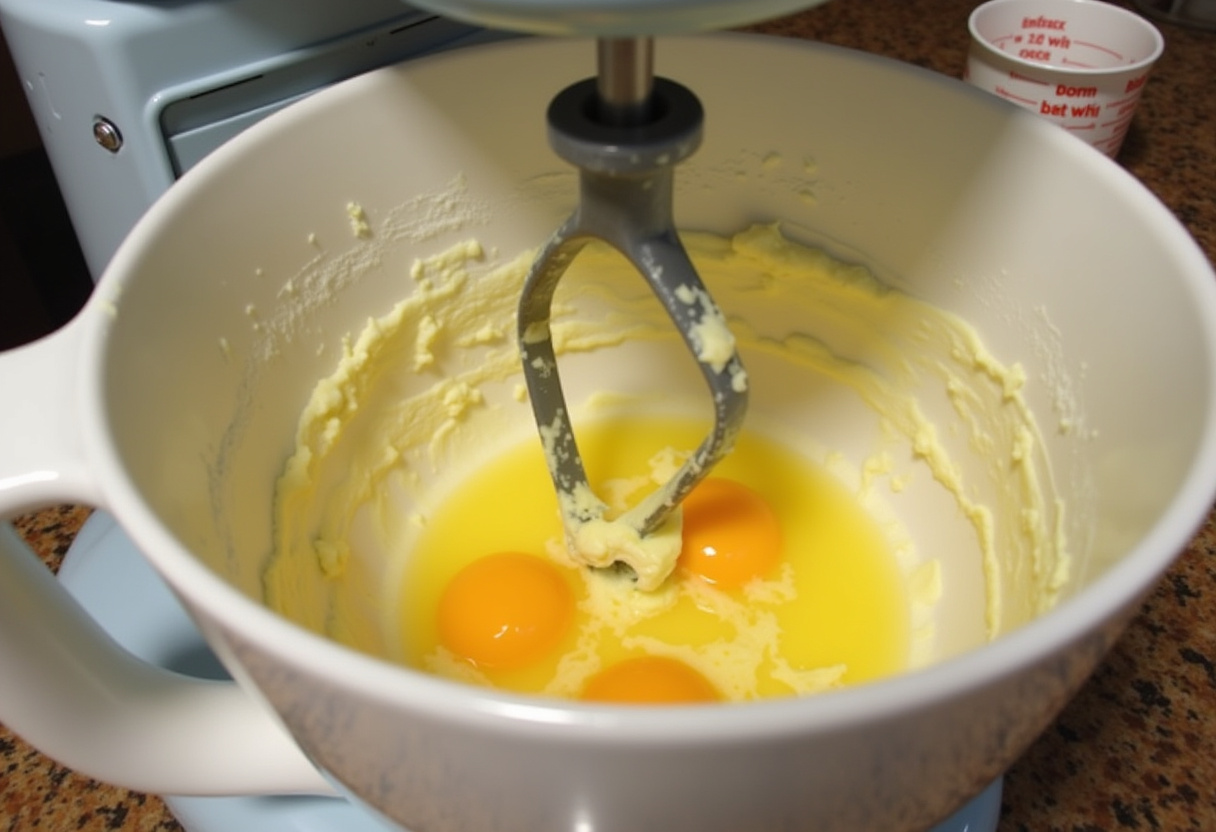 Butter und Eier werden in einer Küchenmaschine für den Gugelhupf-Teig cremig gerührt.