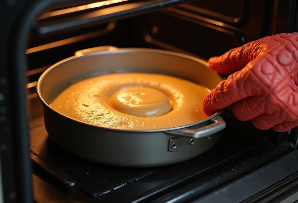 Gugelhupf-Form mit Teig wird in den vorgeheizten Backofen geschoben.