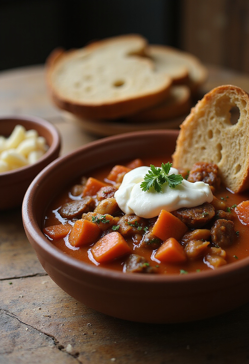 Servierfertige Gulaschsuppe mit Sauerrahm und Petersilie.