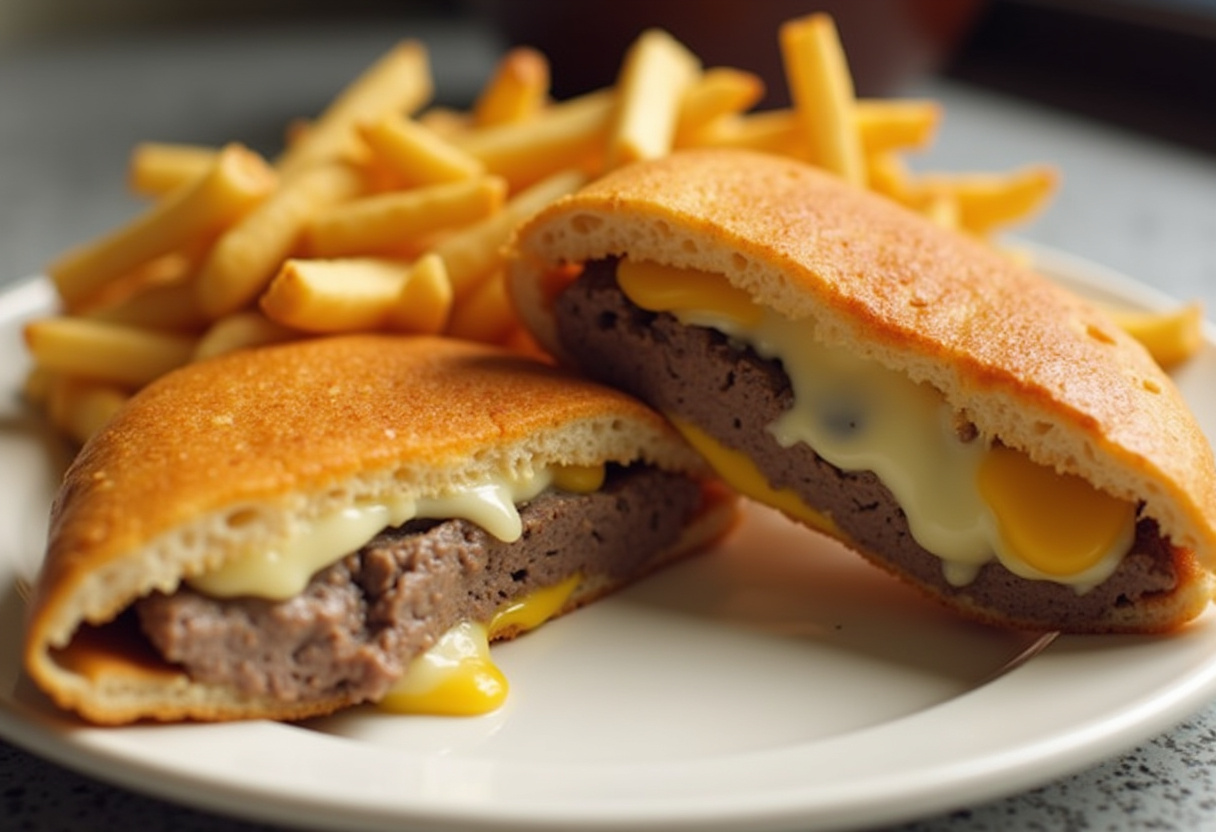 Fertiges Hähnchen Cheesesteak Sandwich mit geschmolzenem Käse und Beilage von Pommes.