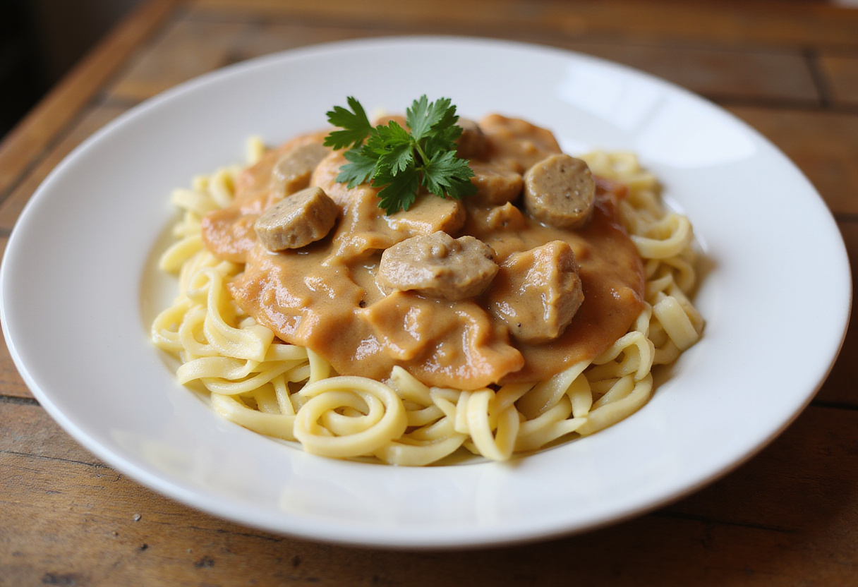 Servierfertiges Hähnchen Geschnetzeltes mit Nudeln und frischer Petersilie.