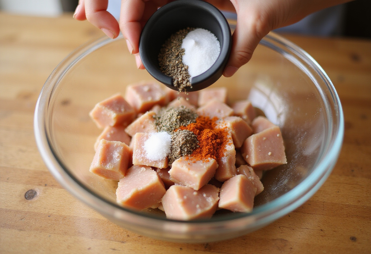 Hähnchen Geschnetzeltes Rezept: Vorbereitung des Hähnchens mit Gewürzen.