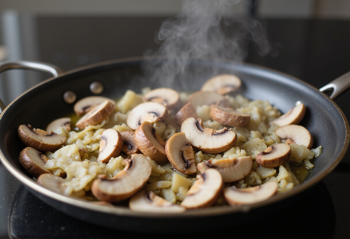 Hähnchen Geschnetzeltes Rezept: Anbraten von Pilzen und Zwiebeln in der Pfanne.