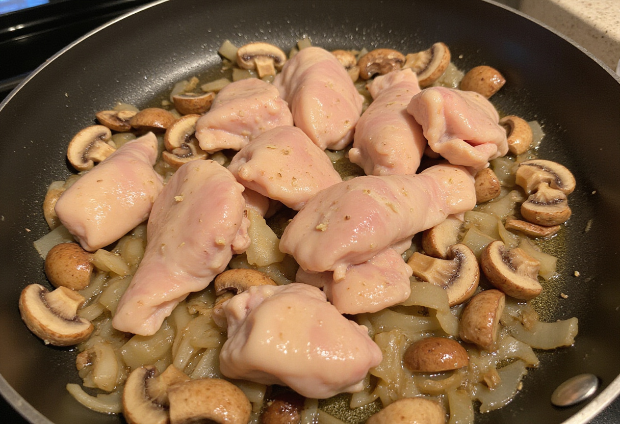 Hähnchen Geschnetzeltes Rezept: Hinzufügen des Hähnchens zu Pilzen und Zwiebeln.