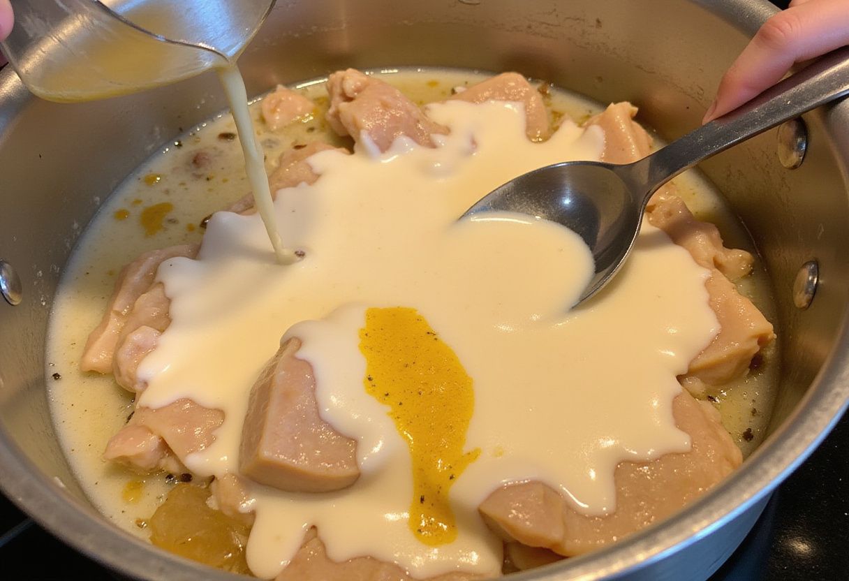 Hähnchen Geschnetzeltes Rezept: Zubereitung der cremigen Soße mit Senf.