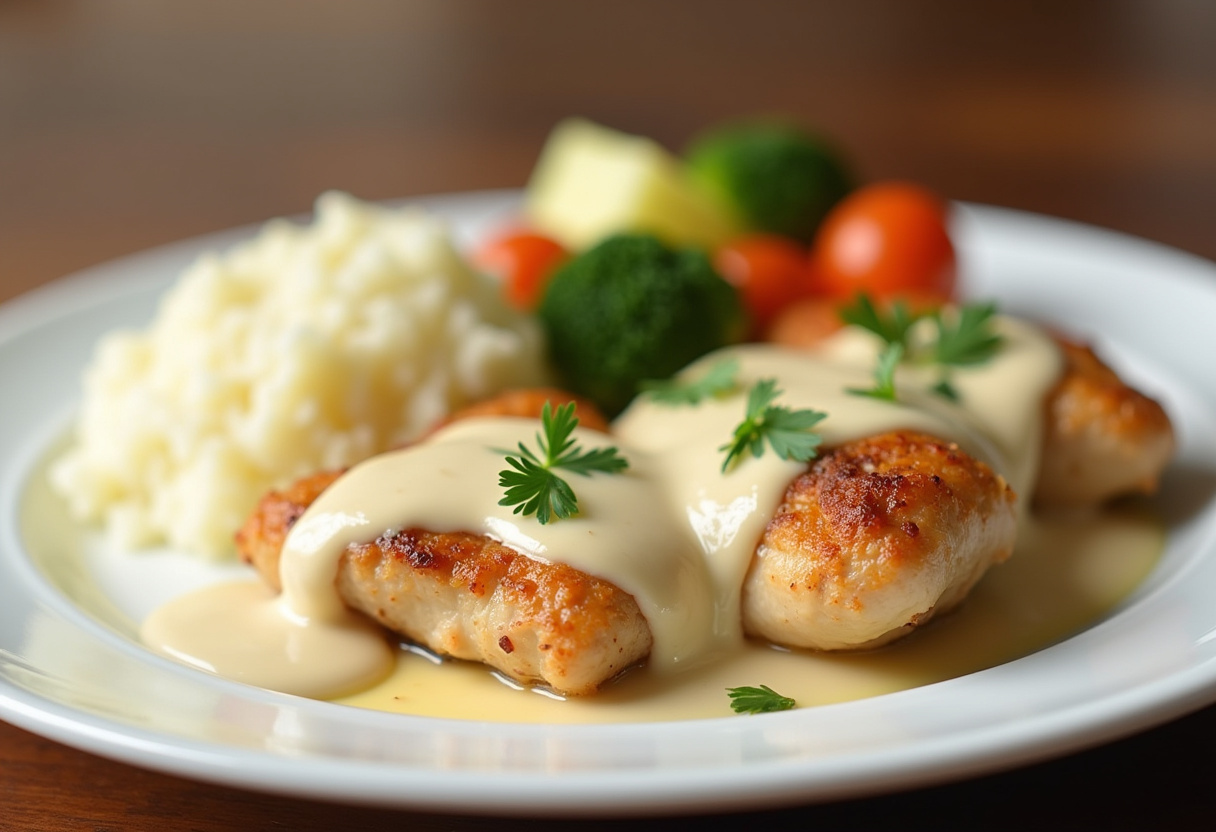 Hähnchenbrust in cremiger Soße serviert mit Kartoffelpüree und gedünstetem Gemüse.