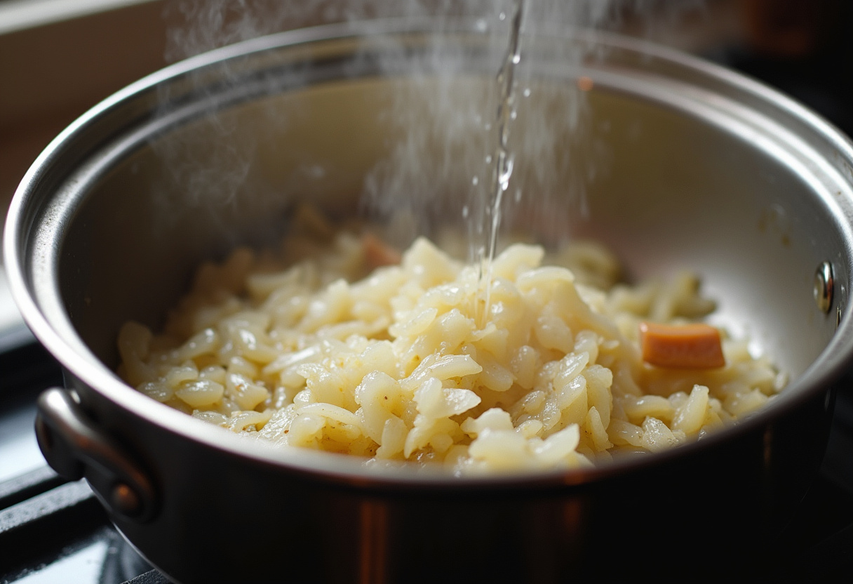 Zwiebeln und Knoblauch werden in einer Pfanne mit Weißwein angeschwitzt für Hähnchenbrust in cremiger Soße.