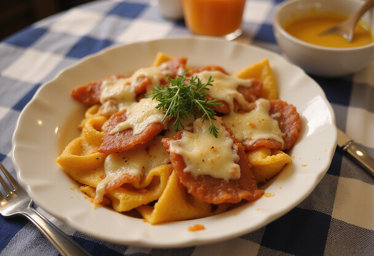 Servierfertige Schupfnudeln mit Käse und Schinken, ein traditionelles deutsches Gericht.
