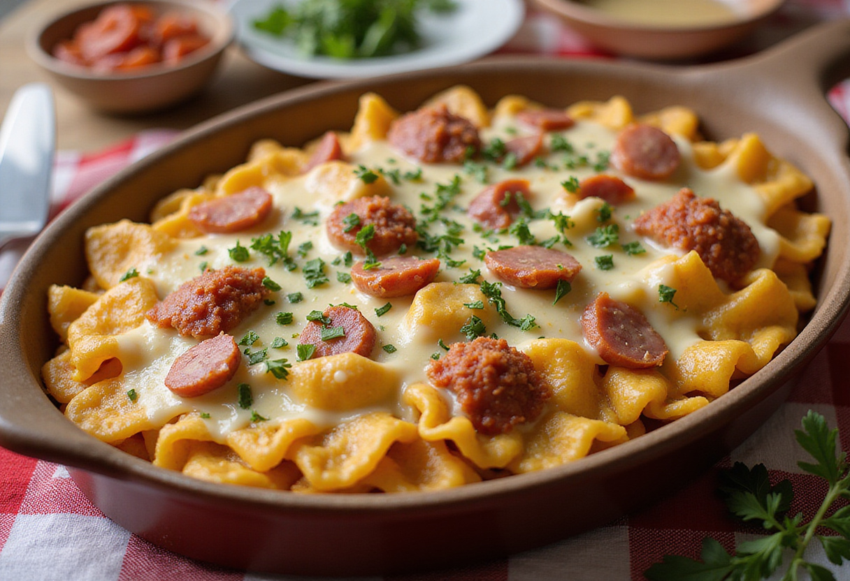 Servierfertige Schupfnudeln mit Käse und Schinken, ein traditionelles deutsches Gericht.