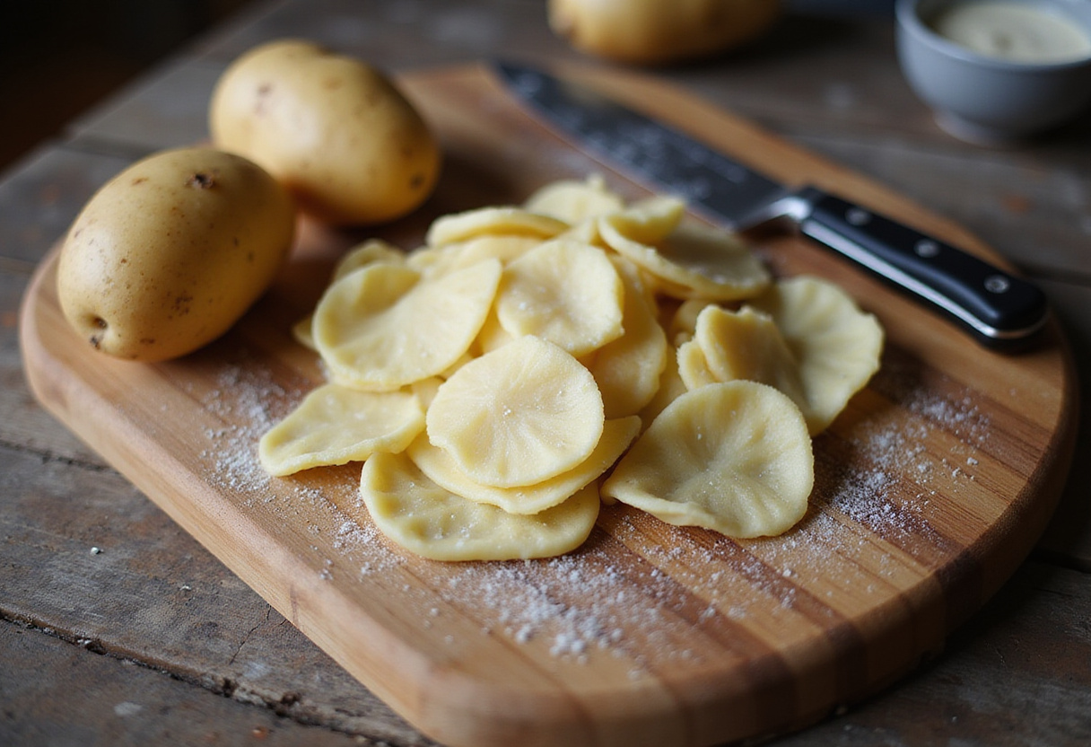 Geschälte Kartoffeln und Messer auf einem Holzbrett zur Vorbereitung von Oma's Schupfnudeln mit Käse und Schinken.
