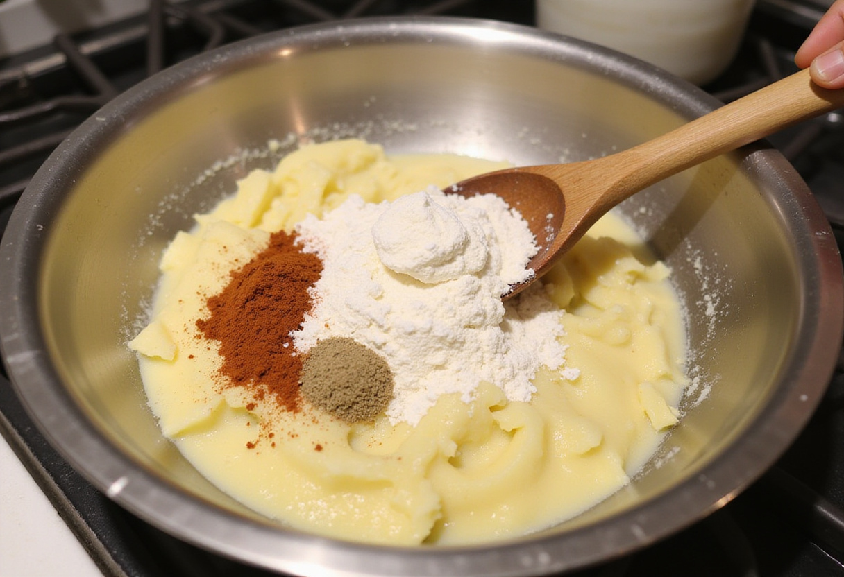 Kartoffelpüree, Mehl und Gewürze werden in einer Schüssel für hausgemachte Schupfnudeln gemischt.