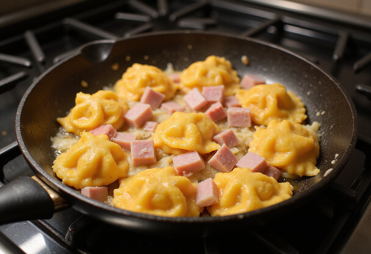 Schupfnudeln werden mit Schinken und Käse in einer Pfanne gebraten, wie bei Oma.