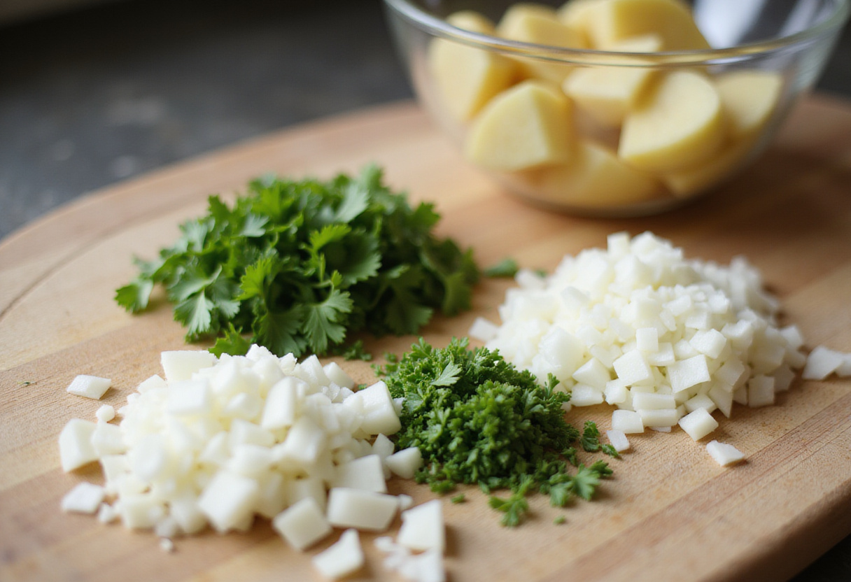 Gehackte Zwiebeln und Petersilie für Kartoffelsalat mit Essig und Öl.