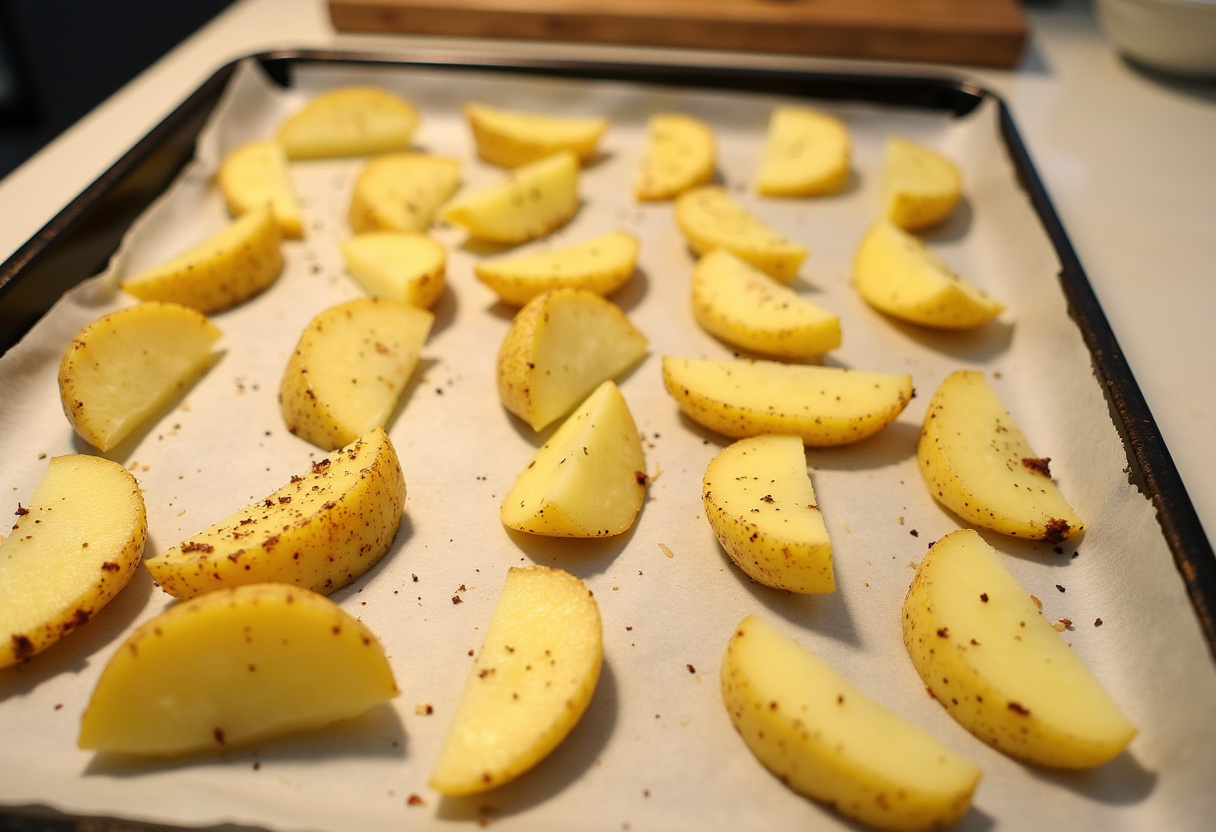 Kartoffelspalten auf einem Backblech angeordnet, bereit zum Würzen für Kartoffelspalten mit Gurkendip.