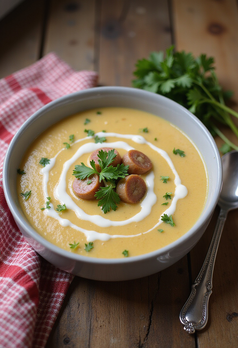 Servierfertige Kartoffelsuppe mit Würstchen, garniert mit Petersilie und einem Sahnehäubchen, ein traditionelles deutsches Gericht.