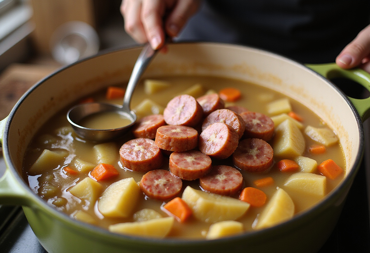 Deutsche Würstchen (sausages) being added to Kartoffelsuppe mit Würstchen for a hearty meal.