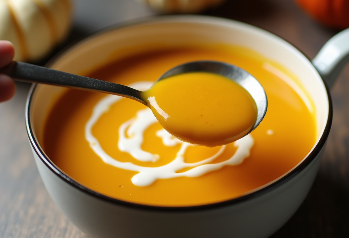 Die fertige Suppe wird cremig in eine Schüssel gefüllt und mit Kürbiskernen garniert