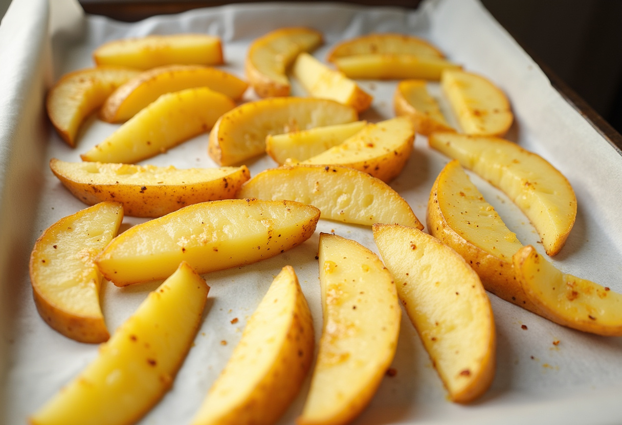 Kartoffelkeile auf einem Backblech für knusprige Honig-Chili-Kartoffeln.