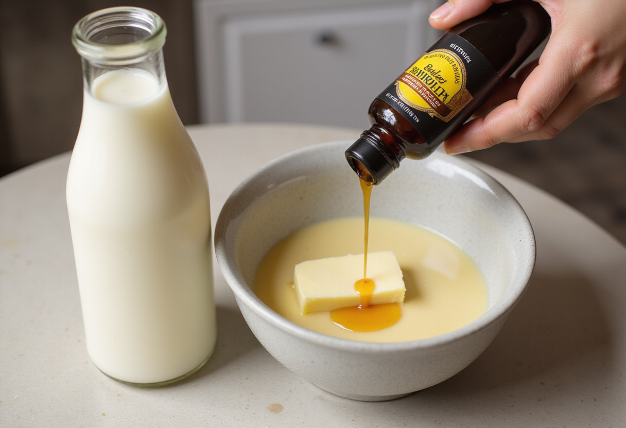 Buttermilch und geschmolzene Butter werden für Omas Buttermilchkuchen vorbereitet.