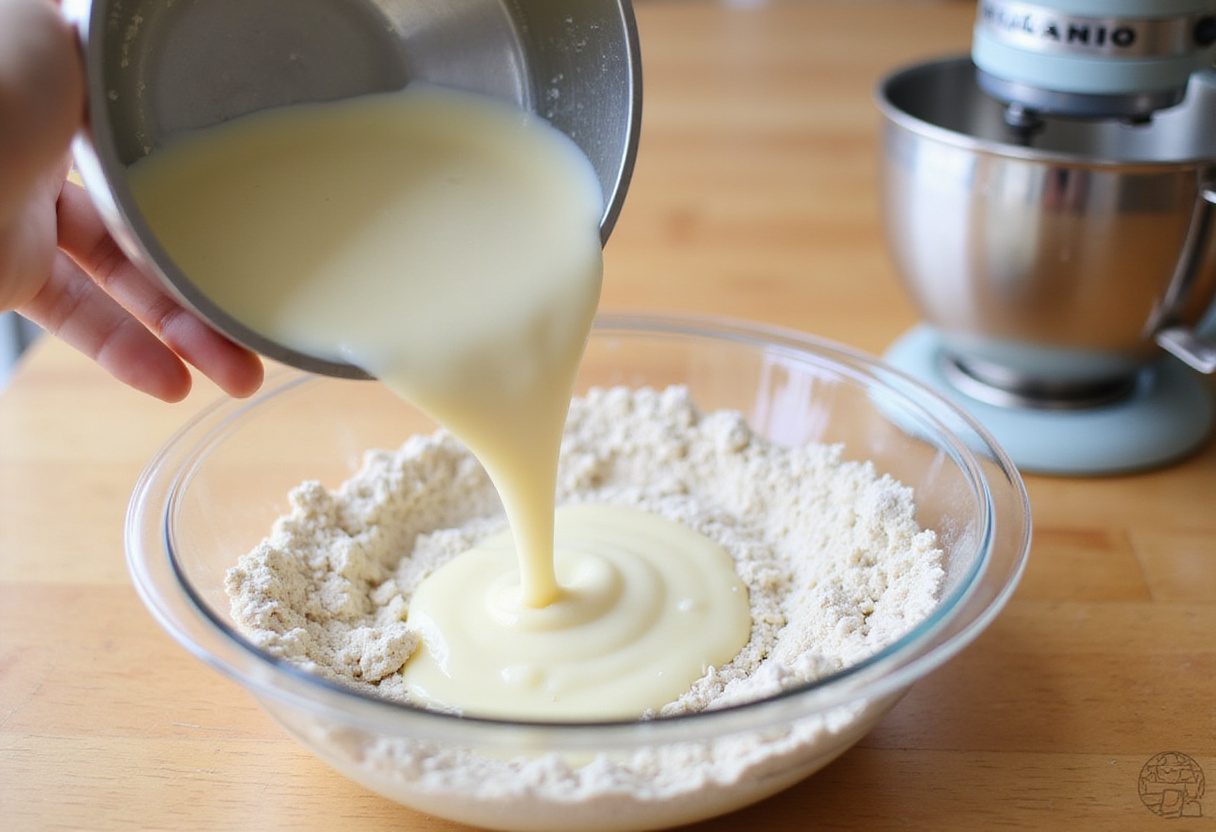 Trockene und feuchte Zutaten für Omas Buttermilchkuchen werden vermischt.