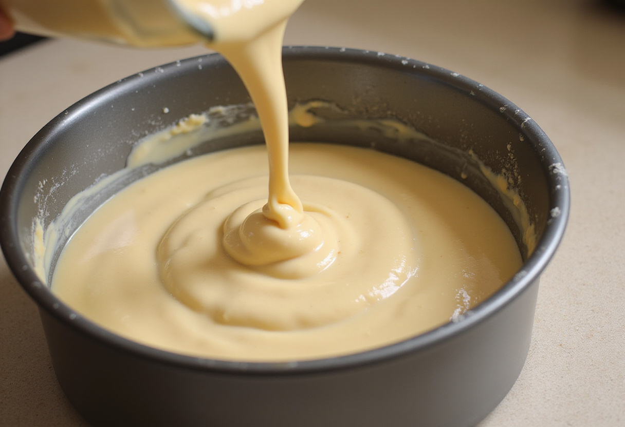 Der Teig für Omas Buttermilchkuchen wird in eine Kuchenform gefüllt.