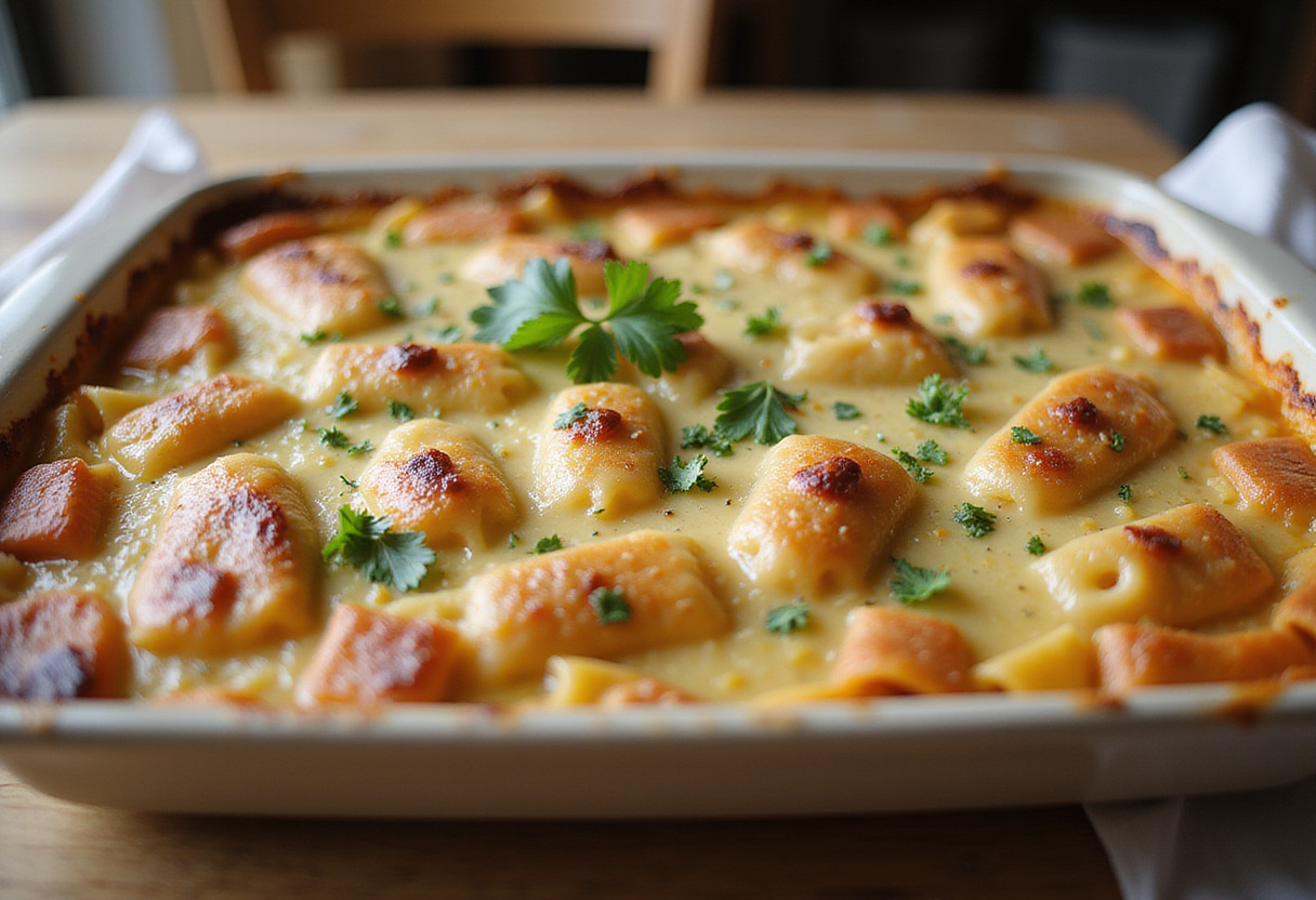 Fertig gebackene Schupfnudeln mit Käse und Schinken nach Omas Geheimrezept, servierfertig.