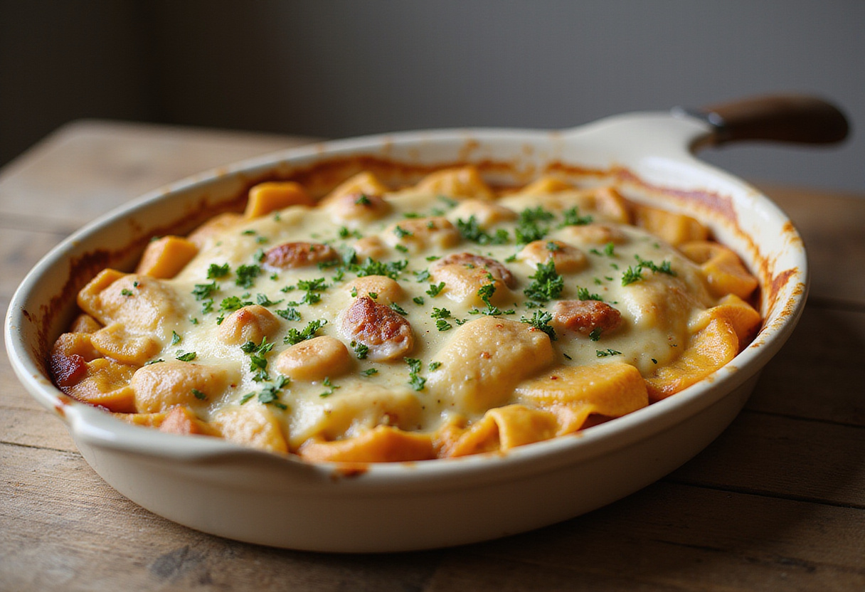 Fertig gebackene Schupfnudeln mit Käse und Schinken nach Omas Geheimrezept, servierfertig.