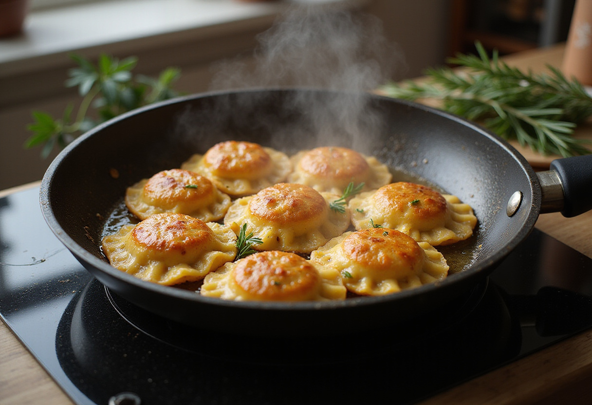Schupfnudeln werden goldbraun gebraten für Omas Geheimtipp Käse und Schinken Rezept.
