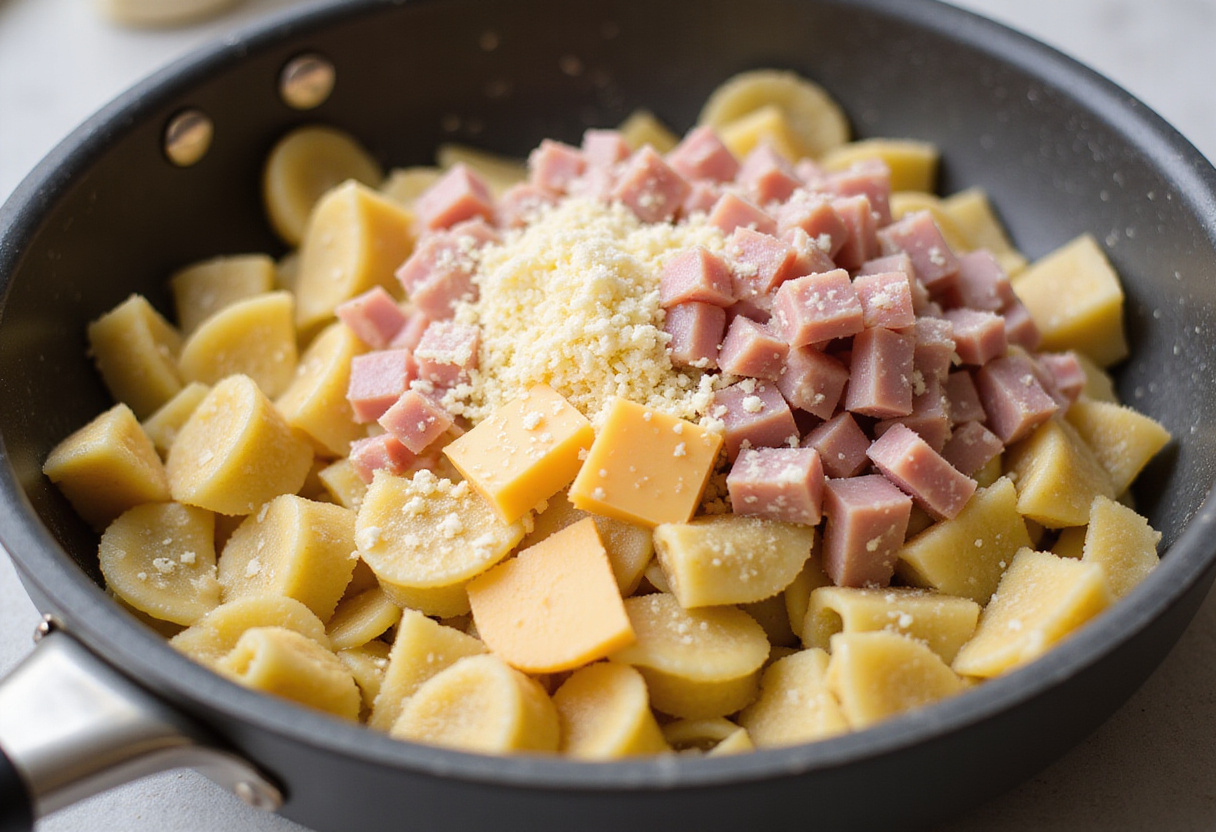 Schinkenwürfel und geriebener Käse werden zu Schupfnudeln hinzugefügt für Omas Schupfnudeln mit Käse und Schinken.